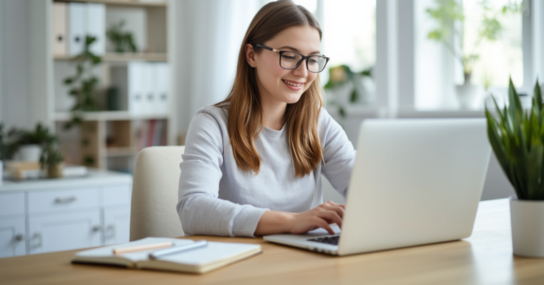Freelancerin am Laptop vergleicht Berufshaftpflichtversicherungen