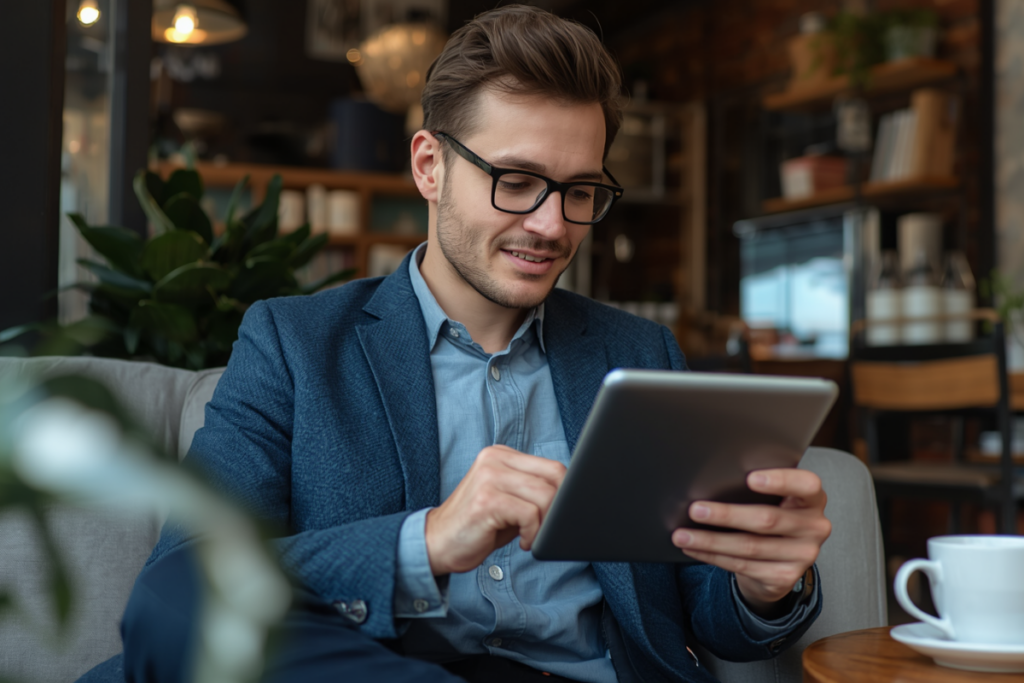 "Freelancer vergleicht Berufshaftpflicht-Angebote am Tablet