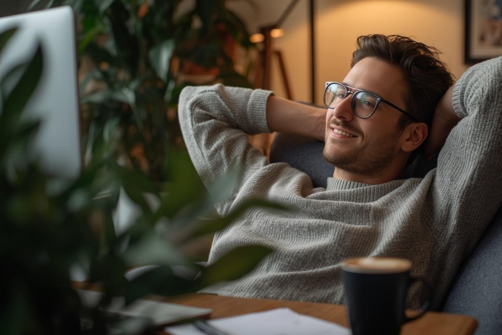 Selbstständiger nutzt Buchhaltungssoftware entspannt am Schreibtisch