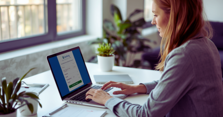 Selbstständige vergleicht Geschäftskonten am Laptop