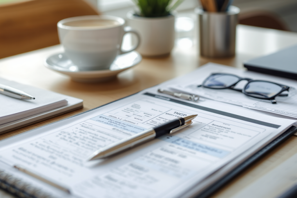 Selbstständige bereitet Steuererklärung am Schreibtisch vor