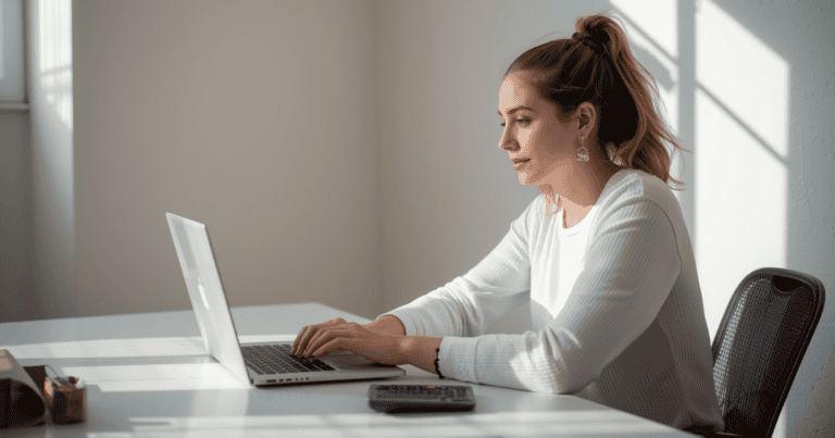 Freelancerin berechnet ihren Stundensatz am Laptop