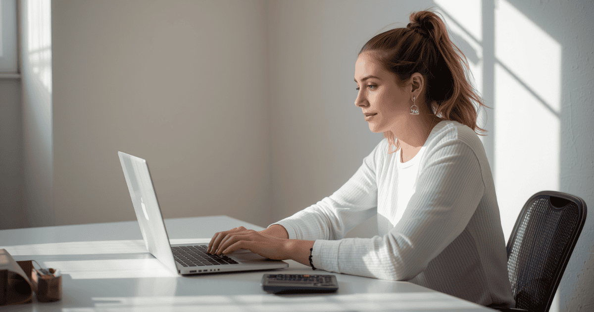Freelancerin berechnet ihren Stundensatz am Laptop