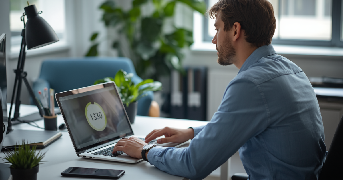 Freelancer nutzt Zeiterfassungs-Tool am Laptop für Projektabrechnung