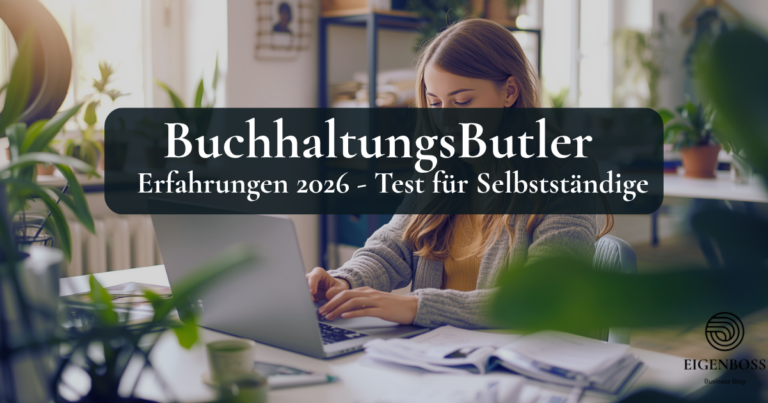 Selbstständige prüft BuchhaltungsButler am Laptop im Home Office