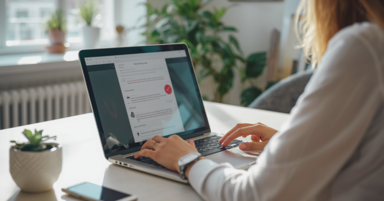 Selbstständige wählt E-Mail-Marketing-Tool am Laptop